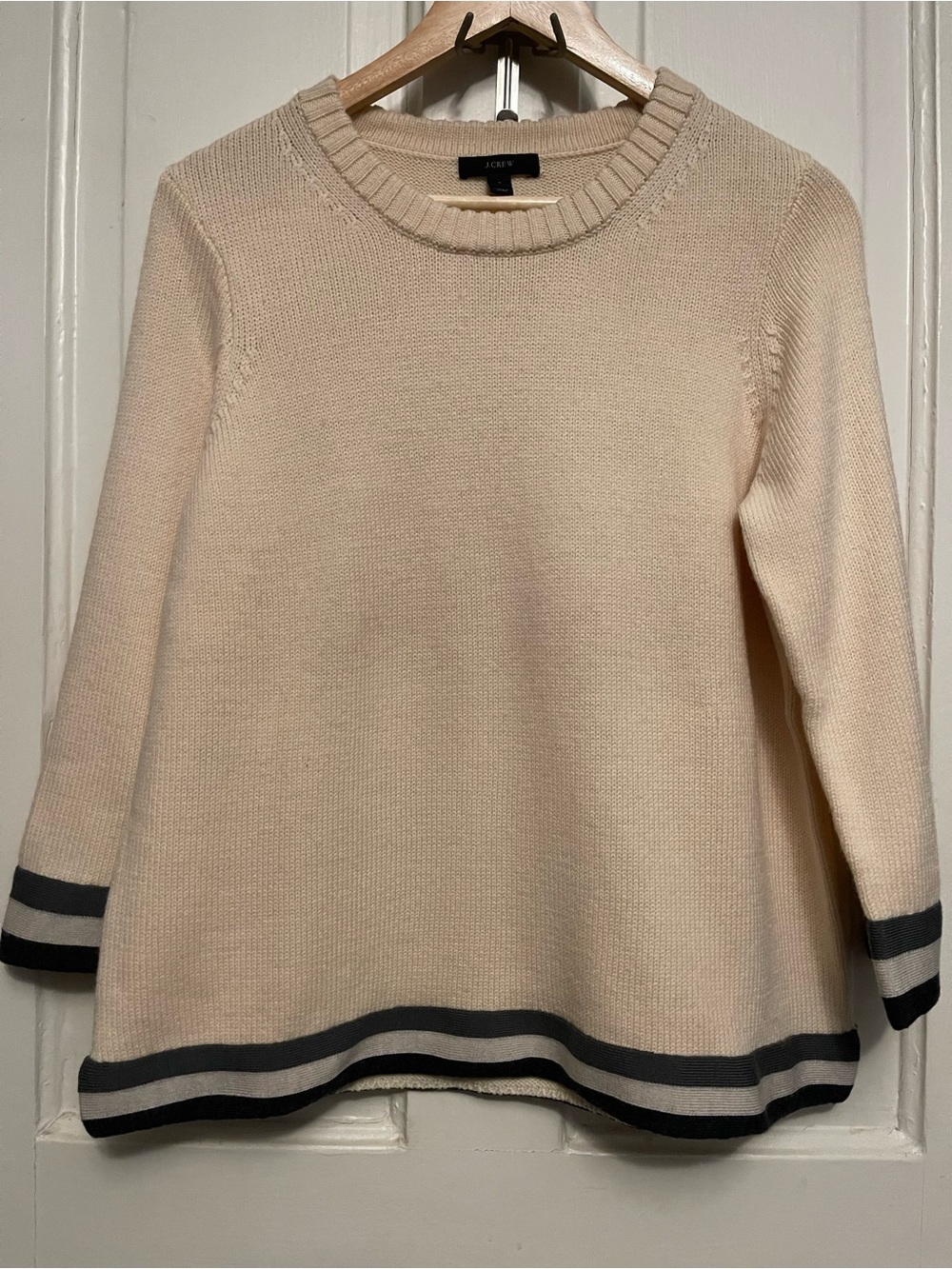 Vintage J. Crew Cream Crewneck Wool Sweater with Gray Stripe Trim